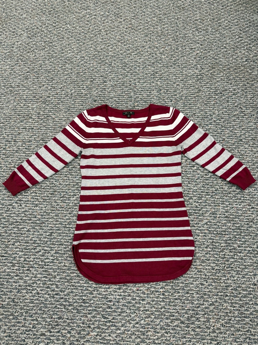 3/4 Length Sleeves Maroon, White, & Light Gray Striped V-Neck Tunic Sweater Top